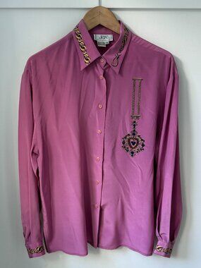 Vintage JAX 100% Silk Blouse Magenta Pink Gold Chain Medal Medallion